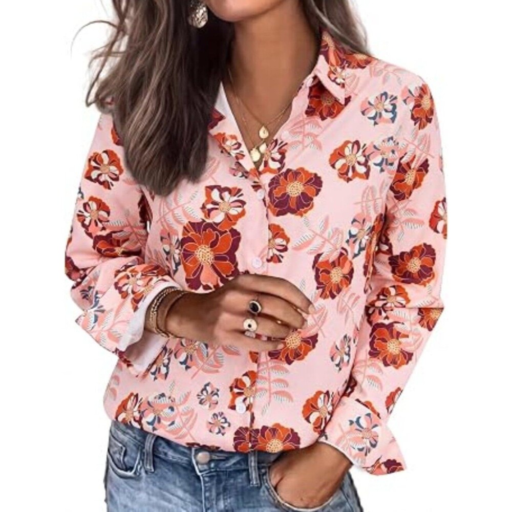 Orange Pink Floral Button Down Shirts for Women Striped Dress Shirts Long Sleeve